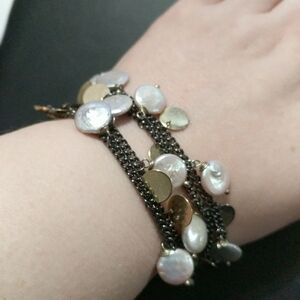 𝅺Hola Gold Tone Pearl and Gold Tone Disc Multi Strand Statement Bracelet